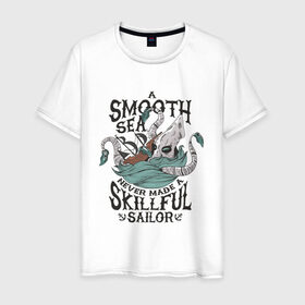 Мужская футболка хлопок с принтом Кракен Шторм и Корабль , 100% хлопок | прямой крой, круглый вырез горловины, длина до линии бедер, слегка спущенное плечо. | kraken | merch | pirat | pirate | sailor | sea | sea monster | ship | storm | искусный моряк | кальмар | кракен мерч | легенда | миф | море | морское чудовище | моряк | океан | осьминог | пират | пиратский корабль | пиратский мерч