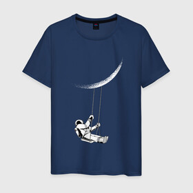 Мужская футболка хлопок с принтом Астронавт Луна на качелях , 100% хлопок | прямой крой, круглый вырез горловины, длина до линии бедер, слегка спущенное плечо. | art | astronaut | cosmonaut | galaxy | moon | moonlight | nasa | space | арт | в космосе | галактика | звезды | качается на качелях | качели | космонавт | космос | луна | луны | поверхность | полумесяц | прикол | пузыри | рисунок