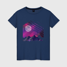 Женская футболка хлопок с принтом Mountain Galaxy , 100% хлопок | прямой крой, круглый вырез горловины, длина до линии бедер, слегка спущенное плечо | abstract | art | geometric | geometry | landscape | minimalism | moon | sky | space | абстракция | арт | векторный рисунок | галактика | галактический пейзаж | геометрия | гора | горы | картина | космос | луна | минимализм | на луне | небо