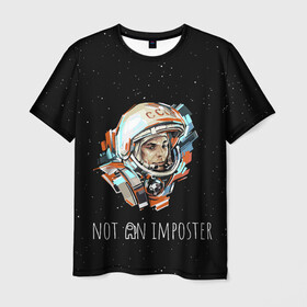 Мужская футболка 3D с принтом ГАГАРИН НЕ ИМПОСТЕР , 100% полиэфир | прямой крой, круглый вырез горловины, длина до линии бедер | among us | not an imposter | амонг ас | астронавт | гагарин | звезды | импостор | космонавт | космос | лого | логотип | не импостер | скафандр | ссср | шлем