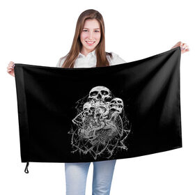 Флаг 3D с принтом ЧЕРЕПА , 100% полиэстер | плотность ткани — 95 г/м2, размер — 67 х 109 см. Принт наносится с одной стороны | black | death | horror | metal | skull | white | арт | белый | зомби | кости | паутина | скелет | череп | черный
