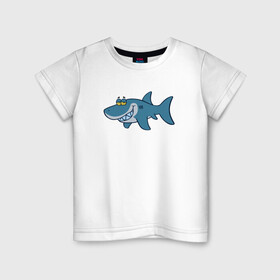 Детская футболка хлопок с принтом АКУЛЕНОК , 100% хлопок | круглый вырез горловины, полуприлегающий силуэт, длина до линии бедер | Тематика изображения на принте: fish | megalodon | shark | teeth | white shark | акула | белая акула | зубы | мегалодон | рыба