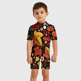 Детский купальный костюм 3D с принтом ХОХЛОМА , Полиэстер 85%, Спандекс 15% | застежка на молнии на спине | ветки | земляника | земляники | красные | одежда | ромашки | русь | рябина | рябины | сочные | традиционная | узоры | хохлома | цветы | ягоды