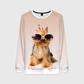 Женский свитшот 3D с принтом собака в очках , 100% полиэстер с мягким внутренним слоем | круглый вырез горловины, мягкая резинка на манжетах и поясе, свободная посадка по фигуре | лето | маленткая | мода | отдых | очки | собака | солнечные очки | солнцезащитные очки | хвостик