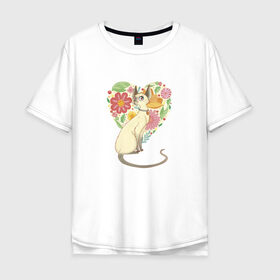Мужская футболка хлопок Oversize с принтом Весенняя Котька , 100% хлопок | свободный крой, круглый ворот, “спинка” длиннее передней части | cat | flower heart | flowers | heart | kitten | love | siamese | siamese cat | spring | весна | кот | котик | котька | кошка | любовь | сердце | сиамская кошка | цветочное сердце | цветы