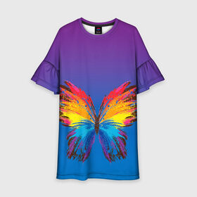 Детское платье 3D с принтом красочная бабочка , 100% полиэстер | прямой силуэт, чуть расширенный к низу. Круглая горловина, на рукавах — воланы | абстрактное искусство | бабочка | беспозвоночные | брызги | градиент | краска | красочная | крылья | лето | мотыльки и бабочки | насекомое | радуга | ярко
