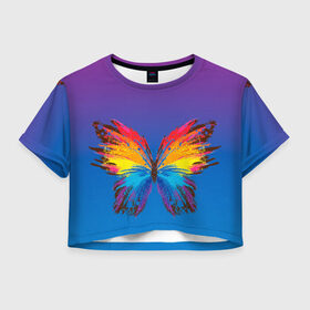 Женская футболка Crop-top 3D с принтом красочная бабочка , 100% полиэстер | круглая горловина, длина футболки до линии талии, рукава с отворотами | абстрактное искусство | бабочка | беспозвоночные | брызги | градиент | краска | красочная | крылья | лето | мотыльки и бабочки | насекомое | радуга | ярко