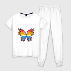 Женская пижама хлопок с принтом бабочка краской , 100% хлопок | брюки и футболка прямого кроя, без карманов, на брюках мягкая резинка на поясе и по низу штанин | бабочка | беспозвоночные | брызги | градиент | краска | красочная | крылья | лето | мотыльки и бабочки | насекомое | насекомые | радуга | ярко