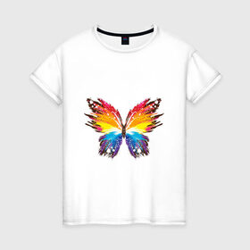 Женская футболка хлопок с принтом бабочка краской , 100% хлопок | прямой крой, круглый вырез горловины, длина до линии бедер, слегка спущенное плечо | бабочка | беспозвоночные | брызги | градиент | краска | красочная | крылья | лето | мотыльки и бабочки | насекомое | насекомые | радуга | ярко