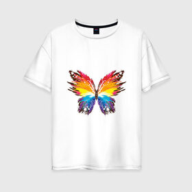 Женская футболка хлопок Oversize с принтом бабочка краской , 100% хлопок | свободный крой, круглый ворот, спущенный рукав, длина до линии бедер
 | бабочка | беспозвоночные | брызги | градиент | краска | красочная | крылья | лето | мотыльки и бабочки | насекомое | насекомые | радуга | ярко