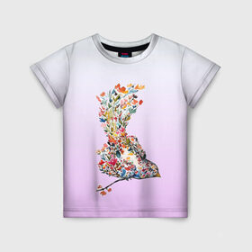 Детская футболка 3D с принтом акварельная птичка , 100% гипоаллергенный полиэфир | прямой крой, круглый вырез горловины, длина до линии бедер, чуть спущенное плечо, ткань немного тянется | акварель | весна | краска | птица | птичка | рисунок | цветочки | цветы