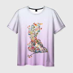 Мужская футболка 3D с принтом акварельная птичка , 100% полиэфир | прямой крой, круглый вырез горловины, длина до линии бедер | акварель | весна | краска | птица | птичка | рисунок | цветочки | цветы
