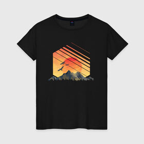 Женская футболка хлопок с принтом Mountain Galaxy Sunset , 100% хлопок | прямой крой, круглый вырез горловины, длина до линии бедер, слегка спущенное плечо | abstract | art | geometric | geometry | landscape | minimalism | sky | space | sun | абстракция | арт | векторный рисунок | восход | галактика | геометрия | гора | горный пейзаж | горы | закат | картина | космос | минимализм | небо