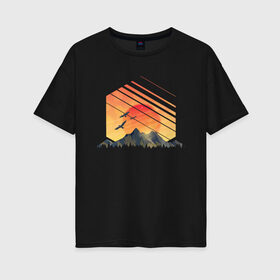 Женская футболка хлопок Oversize с принтом Mountain Galaxy Sunset , 100% хлопок | свободный крой, круглый ворот, спущенный рукав, длина до линии бедер
 | abstract | art | geometric | geometry | landscape | minimalism | sky | space | sun | абстракция | арт | векторный рисунок | восход | галактика | геометрия | гора | горный пейзаж | горы | закат | картина | космос | минимализм | небо