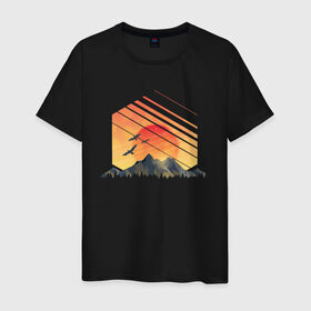Мужская футболка хлопок с принтом Mountain Galaxy Sunset , 100% хлопок | прямой крой, круглый вырез горловины, длина до линии бедер, слегка спущенное плечо. | abstract | art | geometric | geometry | landscape | minimalism | sky | space | sun | абстракция | арт | векторный рисунок | восход | галактика | геометрия | гора | горный пейзаж | горы | закат | картина | космос | минимализм | небо