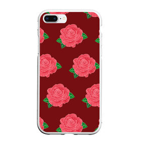 Чехол для iPhone 7Plus/8 Plus матовый с принтом Розы на красном , Силикон | Область печати: задняя сторона чехла, без боковых панелей | black | botany | flowers | pattern | plant | red | rose | white | белый | ботаника | красный | растение | роза | узор | цветы | черный