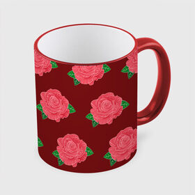 Кружка с принтом Розы на красном , керамика | ёмкость 330 мл | black | botany | flowers | pattern | plant | red | rose | white | белый | ботаника | красный | растение | роза | узор | цветы | черный