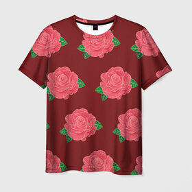 Мужская футболка 3D с принтом Розы на красном , 100% полиэфир | прямой крой, круглый вырез горловины, длина до линии бедер | Тематика изображения на принте: black | botany | flowers | pattern | plant | red | rose | white | белый | ботаника | красный | растение | роза | узор | цветы | черный