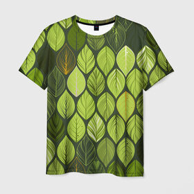 Мужская футболка 3D с принтом ЛЕСНАЯ БРОНЯ , 100% полиэфир | прямой крой, круглый вырез горловины, длина до линии бедер | желет | лес | лесная броня | листочки | листья | паттерн | текстура