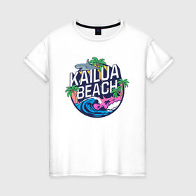 Женская футболка хлопок с принтом Kailua beach , 100% хлопок | прямой крой, круглый вырез горловины, длина до линии бедер, слегка спущенное плечо | kailua beach | акула | закат | отдых | пальма | пляж