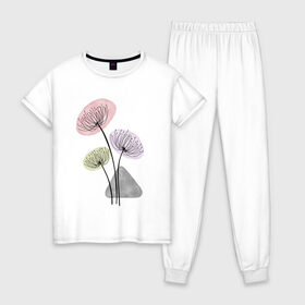 Женская пижама хлопок с принтом Одуванчики , 100% хлопок | брюки и футболка прямого кроя, без карманов, на брюках мягкая резинка на поясе и по низу штанин | Тематика изображения на принте: зонтики | лето | растения | серый. одуванчик | сиреневый | сухоцветы | цветы