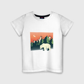Детская футболка хлопок с принтом Белый медведь пейзаж с горами , 100% хлопок | круглый вырез горловины, полуприлегающий силуэт, длина до линии бедер | landscape | moon | mountain | mountains | north pole | polar | polar bear | russian bear | антарктида | антарктика | арктика | горы | дикая природа | лес | луна | медвежонок | мишка | полярный медведь | природа | русский медведь