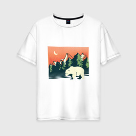Женская футболка хлопок Oversize с принтом Белый медведь пейзаж с горами , 100% хлопок | свободный крой, круглый ворот, спущенный рукав, длина до линии бедер
 | landscape | moon | mountain | mountains | north pole | polar | polar bear | russian bear | антарктида | антарктика | арктика | горы | дикая природа | лес | луна | медвежонок | мишка | полярный медведь | природа | русский медведь
