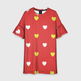 Детское платье 3D с принтом Сердечки на красном паттерн , 100% полиэстер | прямой силуэт, чуть расширенный к низу. Круглая горловина, на рукавах — воланы | Тематика изображения на принте: background | design | fabric | heart | love | pattern | red | romance | romantic | seamless | valentine | красный | любовь | рисунок | романтика | сердце | узор