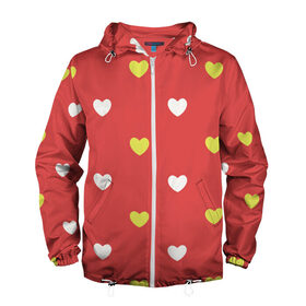 Мужская ветровка 3D с принтом Сердечки на красном паттерн , 100% полиэстер | подол и капюшон оформлены резинкой с фиксаторами, два кармана без застежек по бокам, один потайной карман на груди | background | design | fabric | heart | love | pattern | red | romance | romantic | seamless | valentine | красный | любовь | рисунок | романтика | сердце | узор