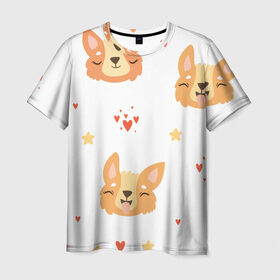 Мужская футболка 3D с принтом Милый Корги , 100% полиэфир | прямой крой, круглый вырез горловины, длина до линии бедер | забавный корги | корги | милый корги | сердечки | собаки