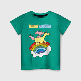 Детская футболка хлопок с принтом Забавный аликорн , 100% хлопок | круглый вырез горловины, полуприлегающий силуэт, длина до линии бедер | alicorn | funnyalicorn | аликорн | единорог | лошадка | облака | радуга | рисунок