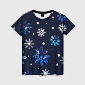 Женская футболка 3D с принтом Падающие снежинки уходящей зимы , 100% полиэфир ( синтетическое хлопкоподобное полотно) | прямой крой, круглый вырез горловины, длина до линии бедер | джинсовая | необычная | падают | синяя текстура | снежинки | текстура