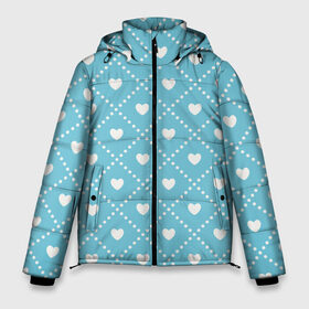 Мужская зимняя куртка 3D с принтом Белые сердечки на голубом фоне , верх — 100% полиэстер; подкладка — 100% полиэстер; утеплитель — 100% полиэстер | длина ниже бедра, свободный силуэт Оверсайз. Есть воротник-стойка, отстегивающийся капюшон и ветрозащитная планка. 

Боковые карманы с листочкой на кнопках и внутренний карман на молнии. | Тематика изображения на принте: белый | квадраты | многоугольники. точки | ромбы | сердце | узор | фон