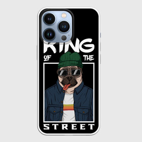 Чехол для iPhone 13 Pro с принтом King Street ,  |  | Тематика изображения на принте: animal | art | brutal | dog | illustration | king | of | pug | street | the | арт | брутальный | бульдог | в | животное | зверь | король | надпись | одежде | очках | пёс | рамка | собака | текст | улиц | улицы | уличный | шапке