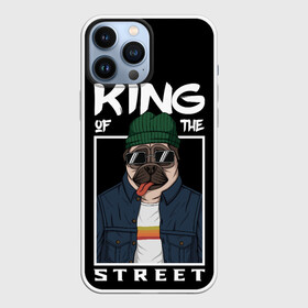 Чехол для iPhone 13 Pro Max с принтом King Street ,  |  | Тематика изображения на принте: animal | art | brutal | dog | illustration | king | of | pug | street | the | арт | брутальный | бульдог | в | животное | зверь | король | надпись | одежде | очках | пёс | рамка | собака | текст | улиц | улицы | уличный | шапке