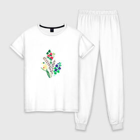 Женская пижама хлопок с принтом Разные цветы , 100% хлопок | брюки и футболка прямого кроя, без карманов, на брюках мягкая резинка на поясе и по низу штанин | картинки | лето | нарциссы | популярные | прикольные | растения | тренды | цветы