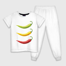 Детская пижама хлопок с принтом Перец чили , 100% хлопок |  брюки и футболка прямого кроя, без карманов, на брюках мягкая резинка на поясе и по низу штанин
 | chili | green pepper | hot | red pepper | yellow pepper | жгучий | желтый | зеленый | красный | перцы | чили
