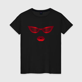 Женская футболка хлопок с принтом Красные очки с красными губами , 100% хлопок | прямой крой, круглый вырез горловины, длина до линии бедер, слегка спущенное плечо | for stylish | gradient | kiss | lipstick | plump lips | red lips | градиент | для стильных | красные губы | красные очки | модные очки | помада | поцелуй | пухлые губы