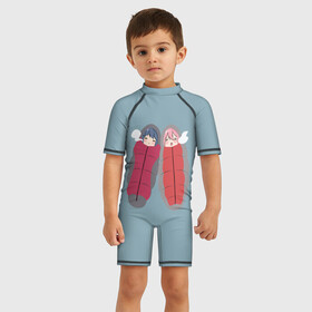 Детский купальный костюм 3D с принтом Аниме про лагерь , Полиэстер 85%, Спандекс 15% | застежка на молнии на спине | anime | yuru camp | аниме | анимэ | лагерь на свежем воздухе | надэсико | рин | фудзи
