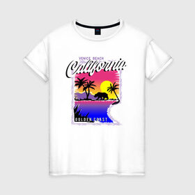 Женская футболка хлопок с принтом California , 100% хлопок | прямой крой, круглый вырез горловины, длина до линии бедер, слегка спущенное плечо | california | coast | загар | закат | калифорния | медведь | море | отдых | пляж
