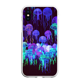 Чехол для iPhone XS Max матовый с принтом Неоновые медузы , Силикон | Область печати: задняя сторона чехла, без боковых панелей | вода | животные | медузы | неон | неоновые
