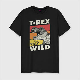 Мужская футболка хлопок Slim с принтом T-rex wild , 92% хлопок, 8% лайкра | приталенный силуэт, круглый вырез ворота, длина до линии бедра, короткий рукав | dino | t rex | wild | дино | динозавр | закат | зверь | хищник