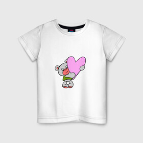 Детская футболка хлопок с принтом Плюшевый Мишка с сердцем  , 100% хлопок | круглый вырез горловины, полуприлегающий силуэт, длина до линии бедер | животные | звери | игрушки | картинки | милые | мишка | плюшевый | популярные | прикольные | сердце