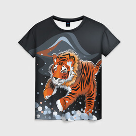 Женская футболка 3D с принтом АМУРСКИЙ ТИГР , 100% полиэфир ( синтетическое хлопкоподобное полотно) | прямой крой, круглый вырез горловины, длина до линии бедер | амурский тигр | с животными | с тигром | сибирский | тайга