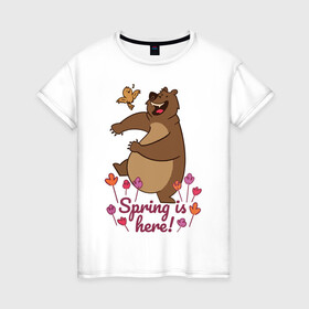 Женская футболка хлопок с принтом Весенний медведь , 100% хлопок | прямой крой, круглый вырез горловины, длина до линии бедер, слегка спущенное плечо | art | bear | bird | drawing | flowers | inscription | spring | арт | весна | косолапый | медведь | мишка | надпись | птица | рисунок | цветы