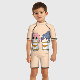 Детский купальный костюм 3D с принтом Подружки в карри , Полиэстер 85%, Спандекс 15% | застежка на молнии на спине | anime | yuru camp | аниме | анимэ | лагерь на свежем воздухе | надэсико | рин | фудзи