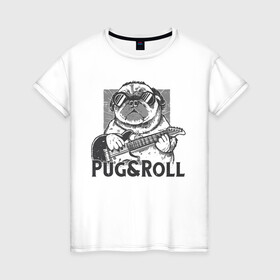 Женская футболка хлопок с принтом Pug & Roll , 100% хлопок | прямой крой, круглый вырез горловины, длина до линии бедер, слегка спущенное плечо | dog | drawing | guitar | music | pop art | pug | rock and roll | гитара | мопс | музыка | очки | пес | поп арт | рисунок | рок н ролл | собака