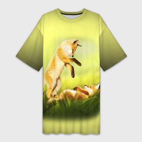 Платье-футболка 3D с принтом Лисята ,  |  | fox | животные | лиса | лисичка | лисята | рыжая