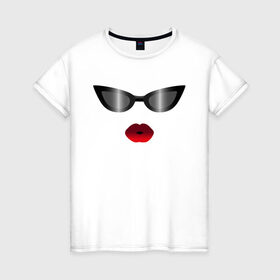 Женская футболка хлопок с принтом Черные очки с красными губами , 100% хлопок | прямой крой, круглый вырез горловины, длина до линии бедер, слегка спущенное плечо | for stylish | gradient | kiss | lipstick | plump lips | red lips | градиент | для стильных | красные губы | модные очки | помада | поцелуй | пухлые губы | черные очки