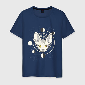 Мужская футболка хлопок с принтом Космический кот сфинкс , 100% хлопок | прямой крой, круглый вырез горловины, длина до линии бедер, слегка спущенное плечо. | earth | fruit | galaxy | geometry | mars | moon | planet | satellite | saturn | space | sphynx cat | sputnik | галактика | геометрия | звезды | земля | космос | луна | марс | планеты | половина яблока | саттелит | сатурн | созвездия | спутник